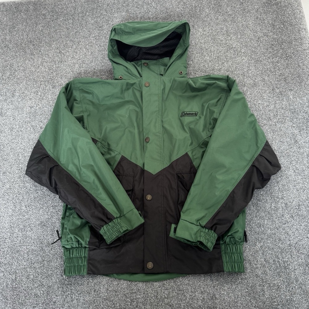 Vintage Coleman Mens Jacket M Green Full Zip Hooded Snap Button Lined Casual
